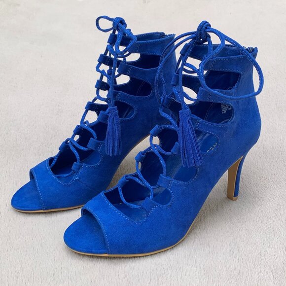 Nine West Briagd Faux Suede Lace Up Ghillie Peep Toe Stilettos Sz6 - Picture 1 of 15
